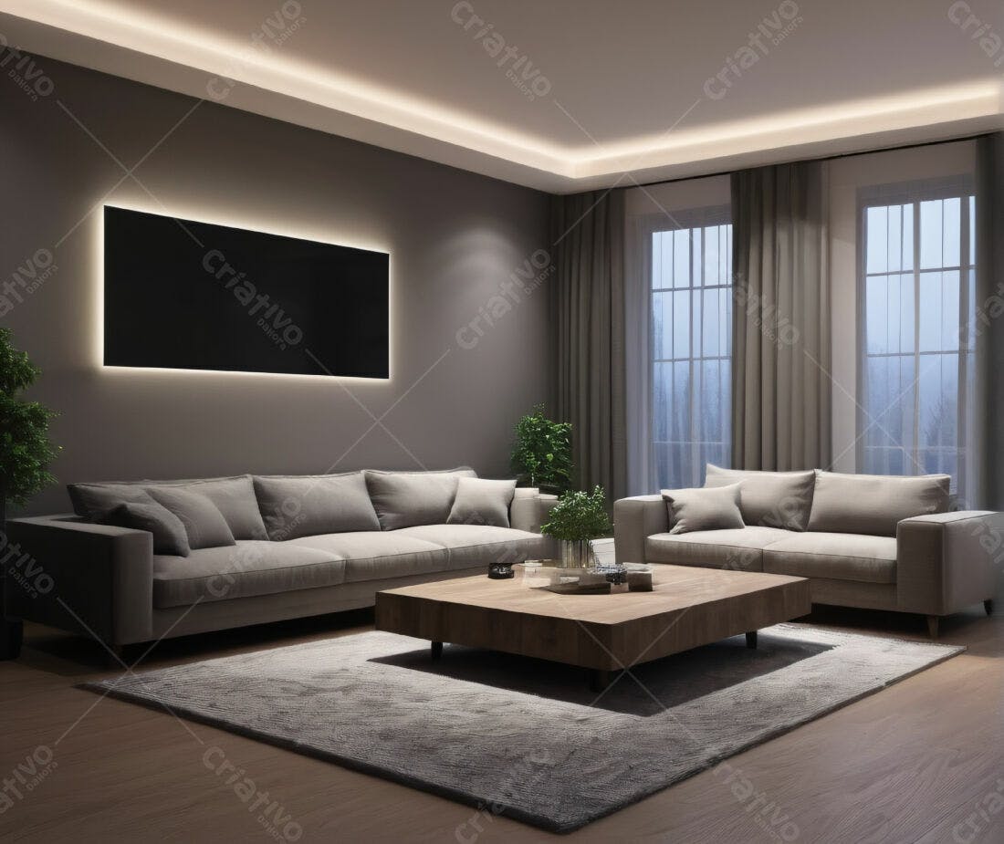 Sala de estar moderna à noite tons cinza e madeira
