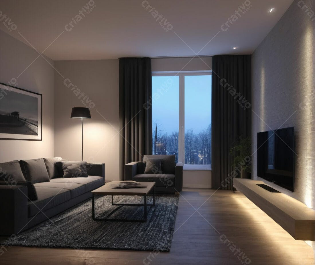 Sala de estar moderna à noite com iluminação suave