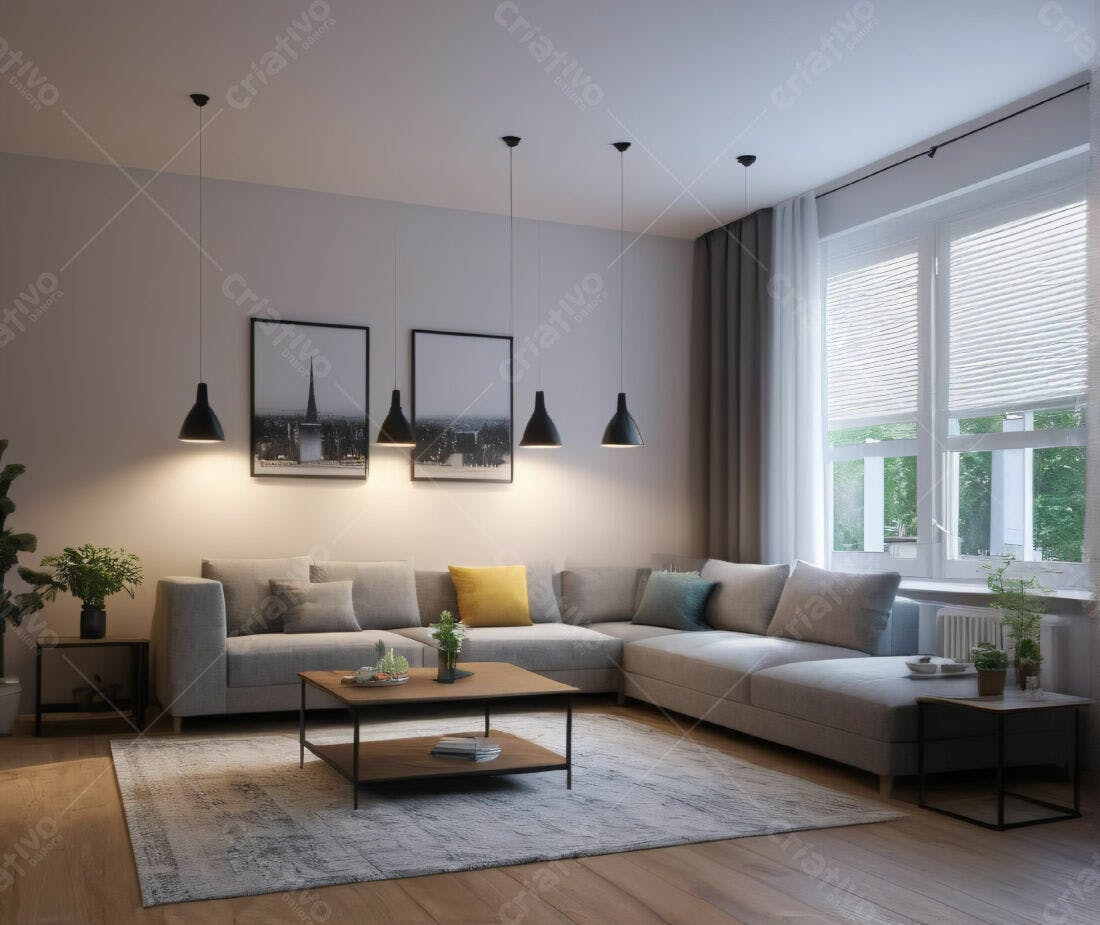 Sala de estar moderna com sofá cinza e iluminação aconchegante