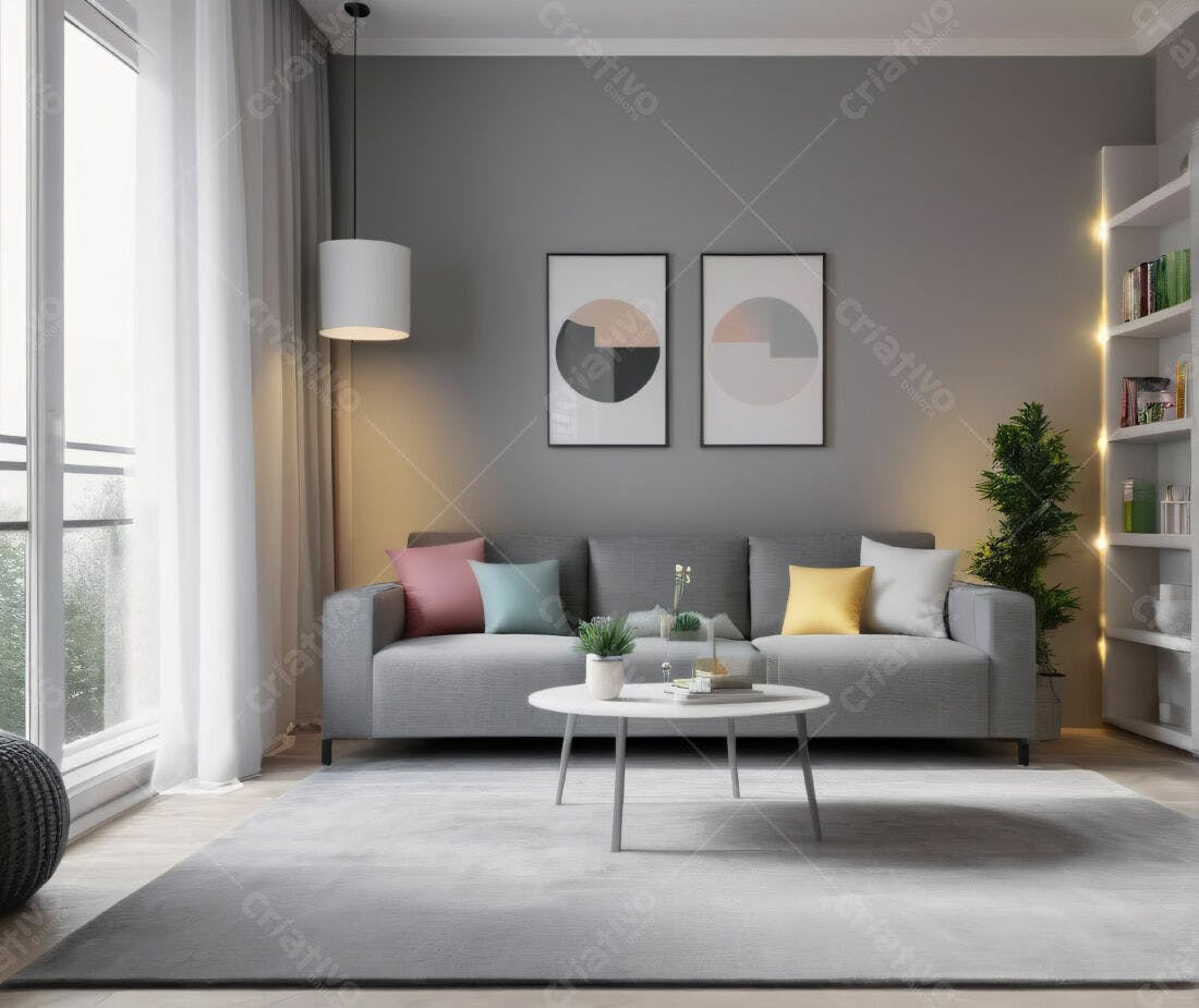 Sala de estar moderna tons cinza e bege