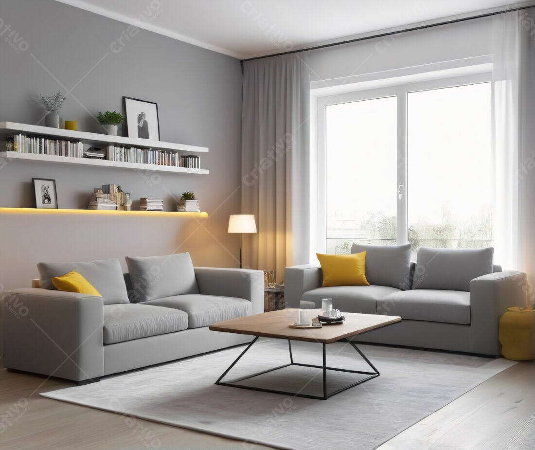 Sala de estar moderna tons cinza e amarelo