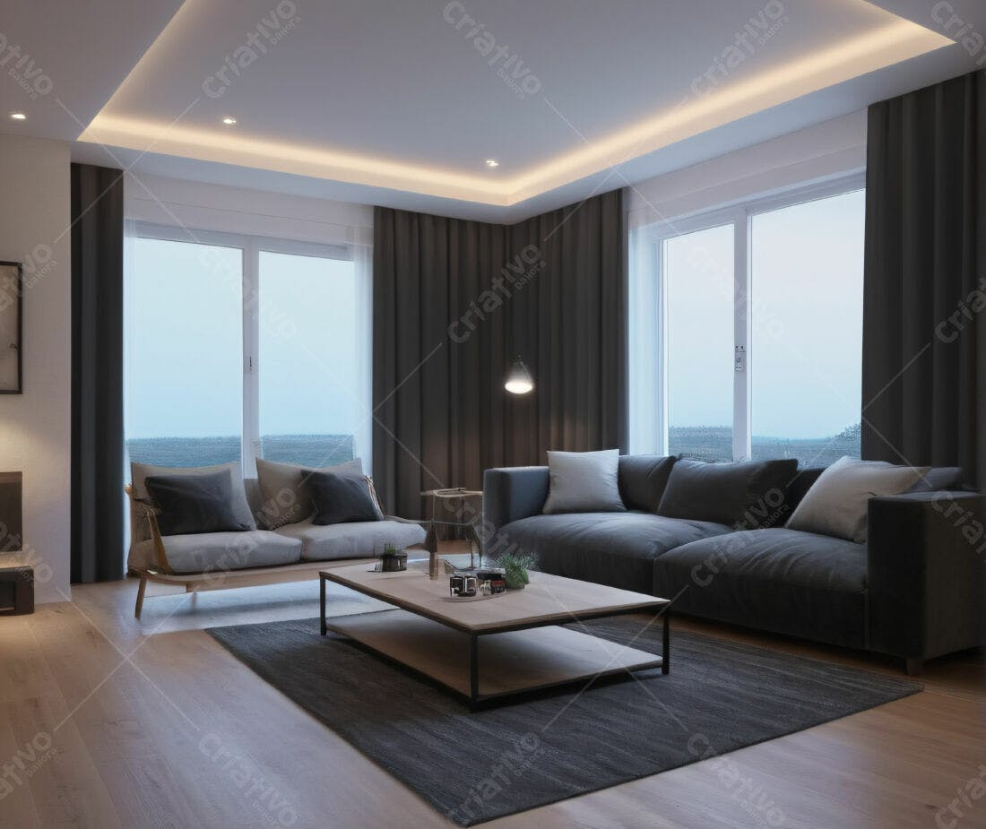 Sala de estar moderna com sofá cinza e iluminação indireta