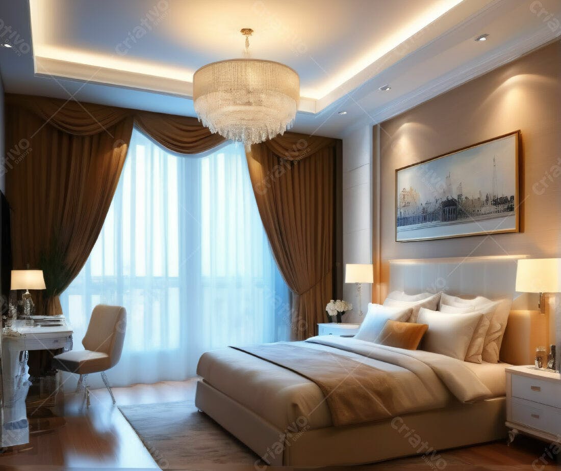 Quarto decorado estilo clássico com tons neutros