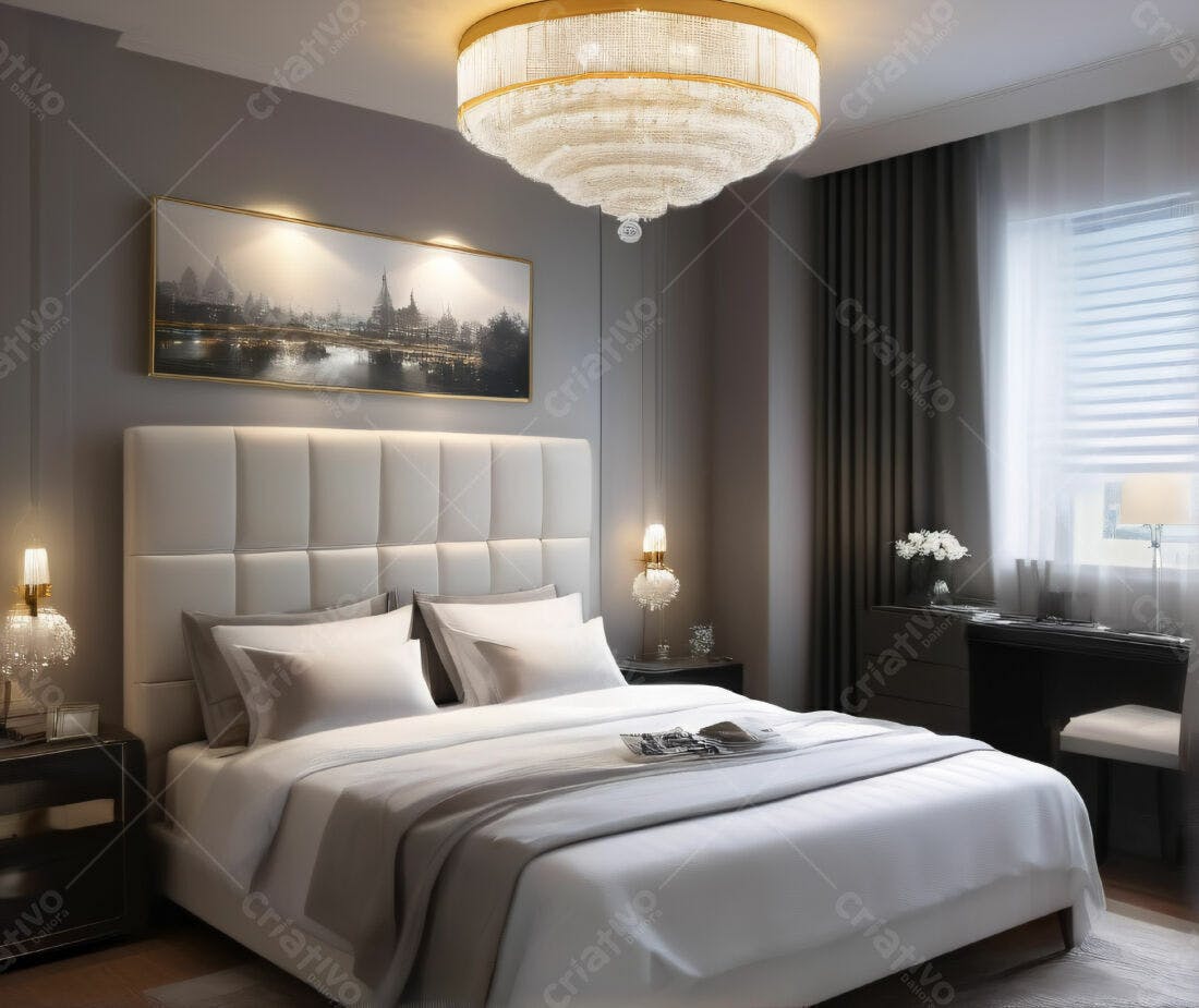 Quarto moderno com cama king e lustre de cristal