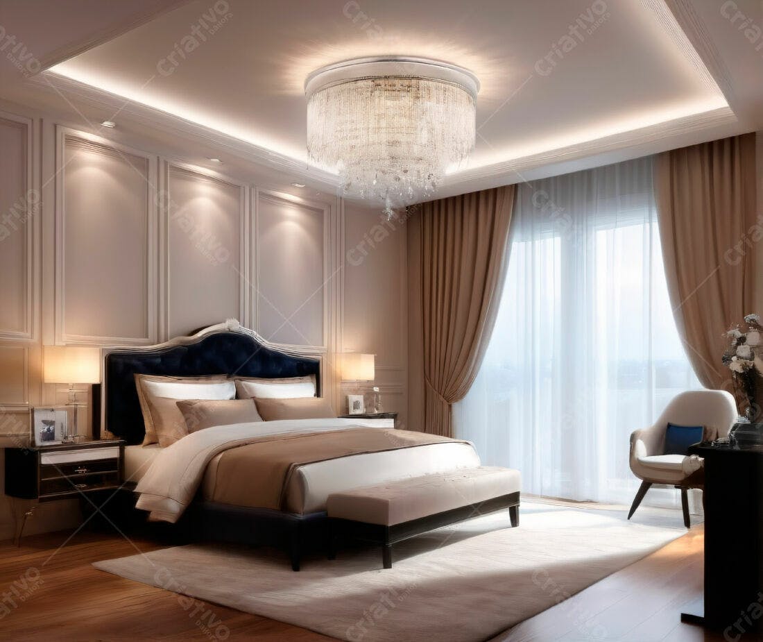 Quarto elegante com cama azul marinho e detalhes bege