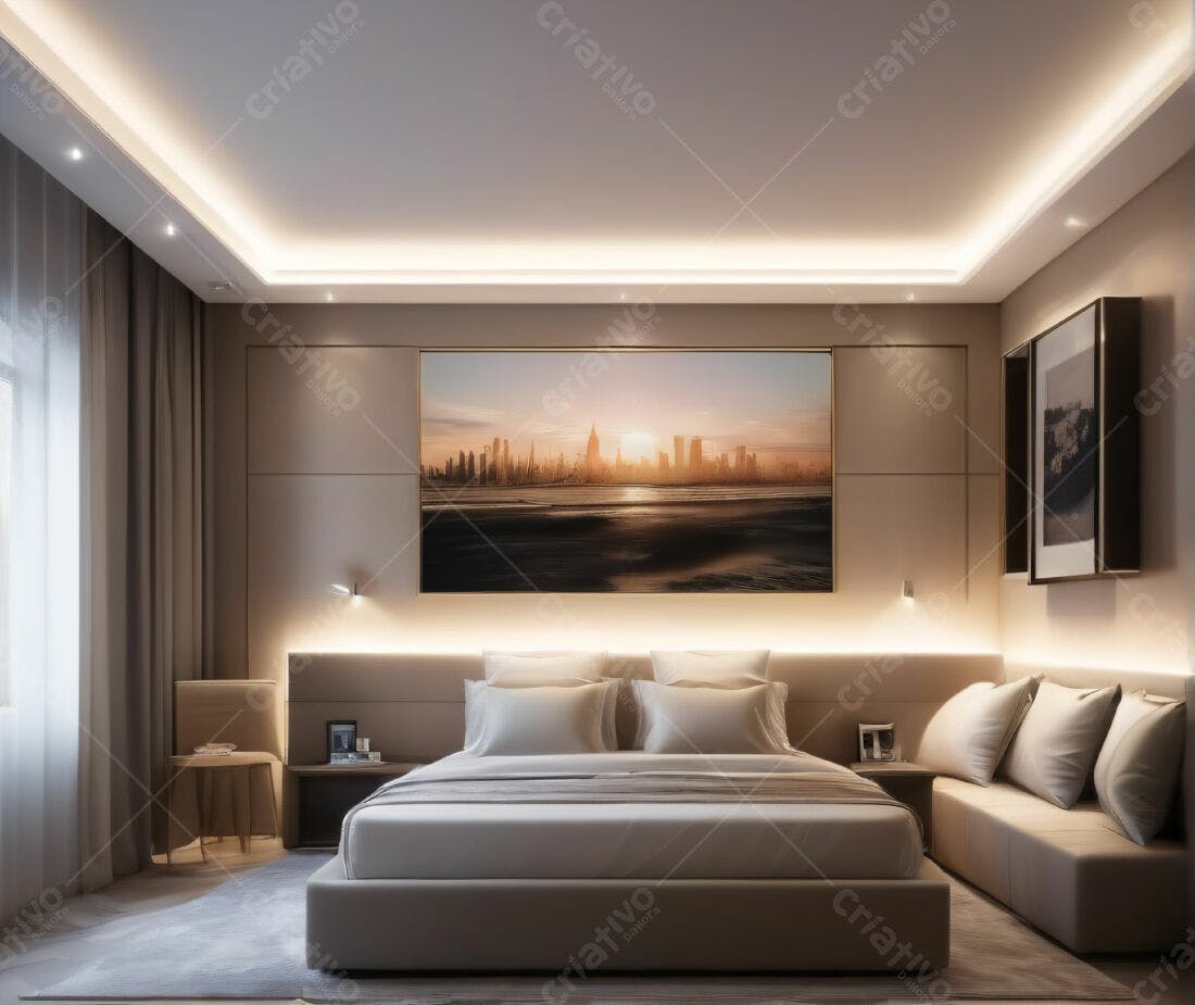 Quarto Moderno com Vista de Cidade ao Pôr do Sol