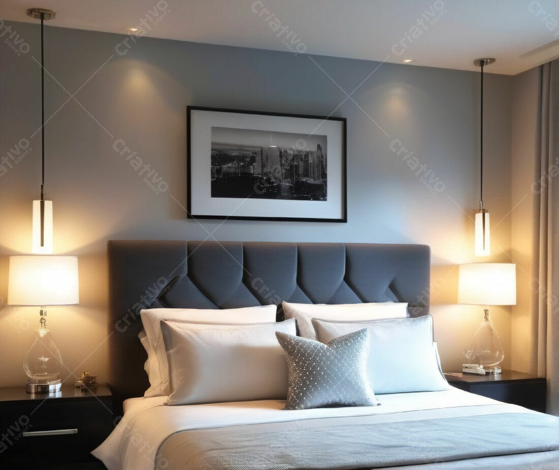 Quarto decorado estilo moderno tons cinza e branco
