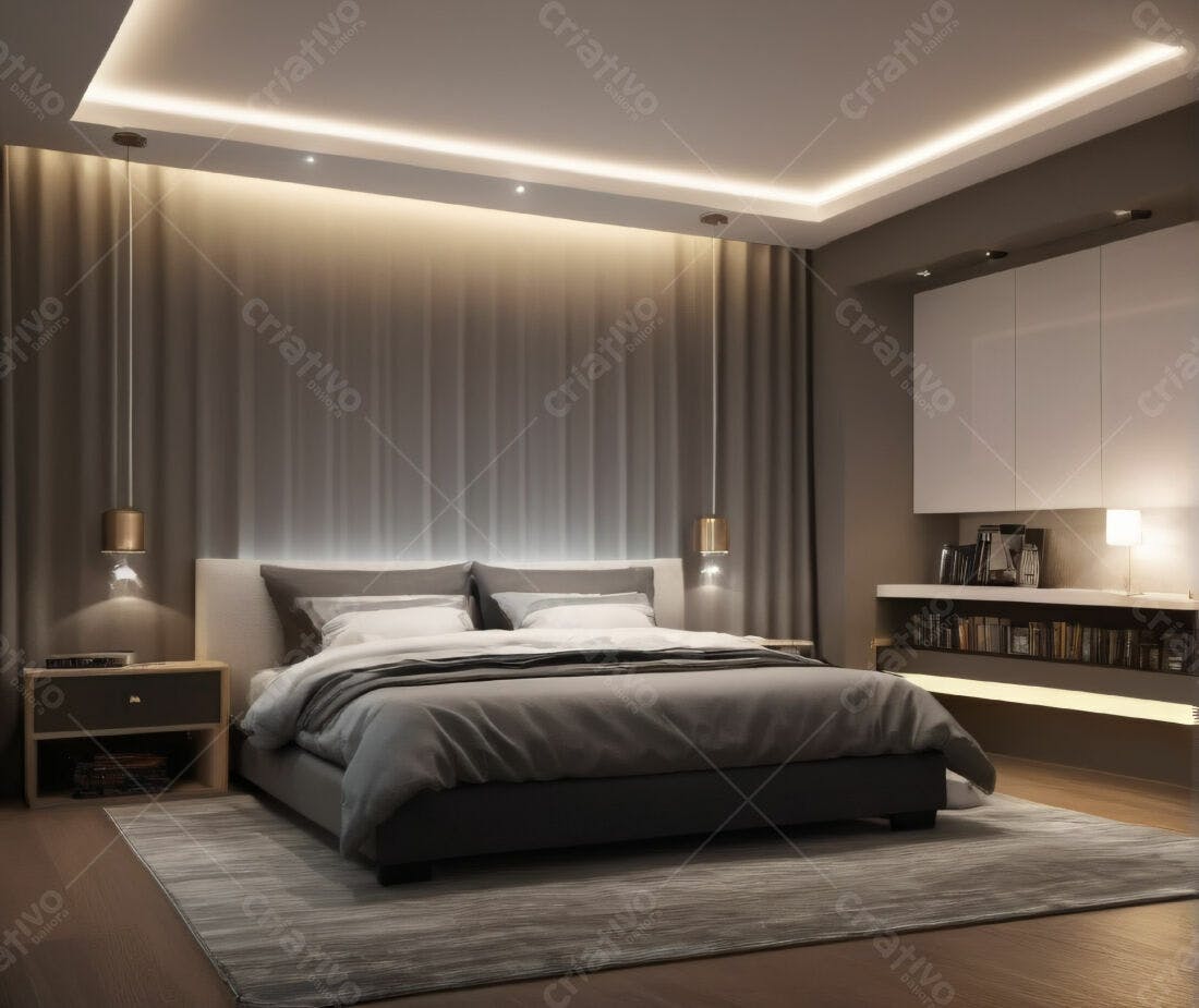 Quarto aconchegante com cama cinza e iluminação suave