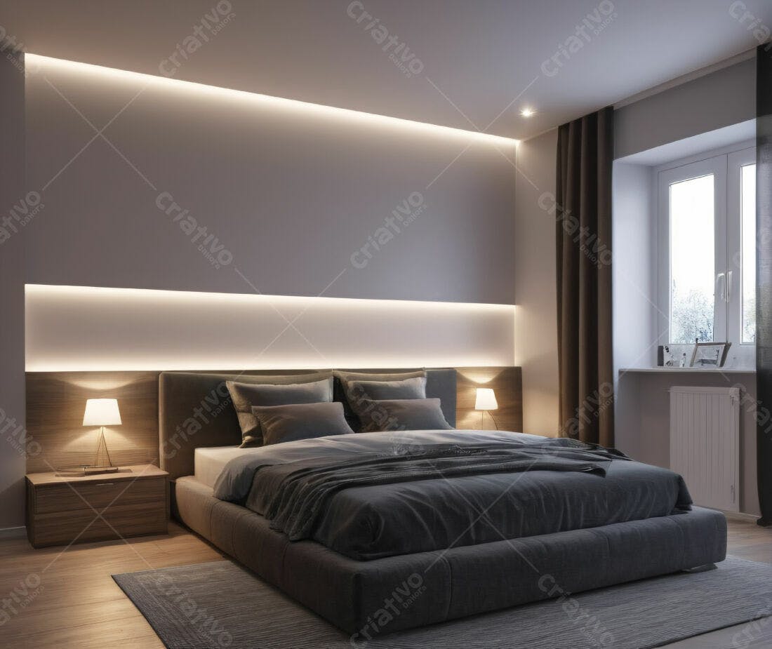 Quarto moderno com iluminação indireta