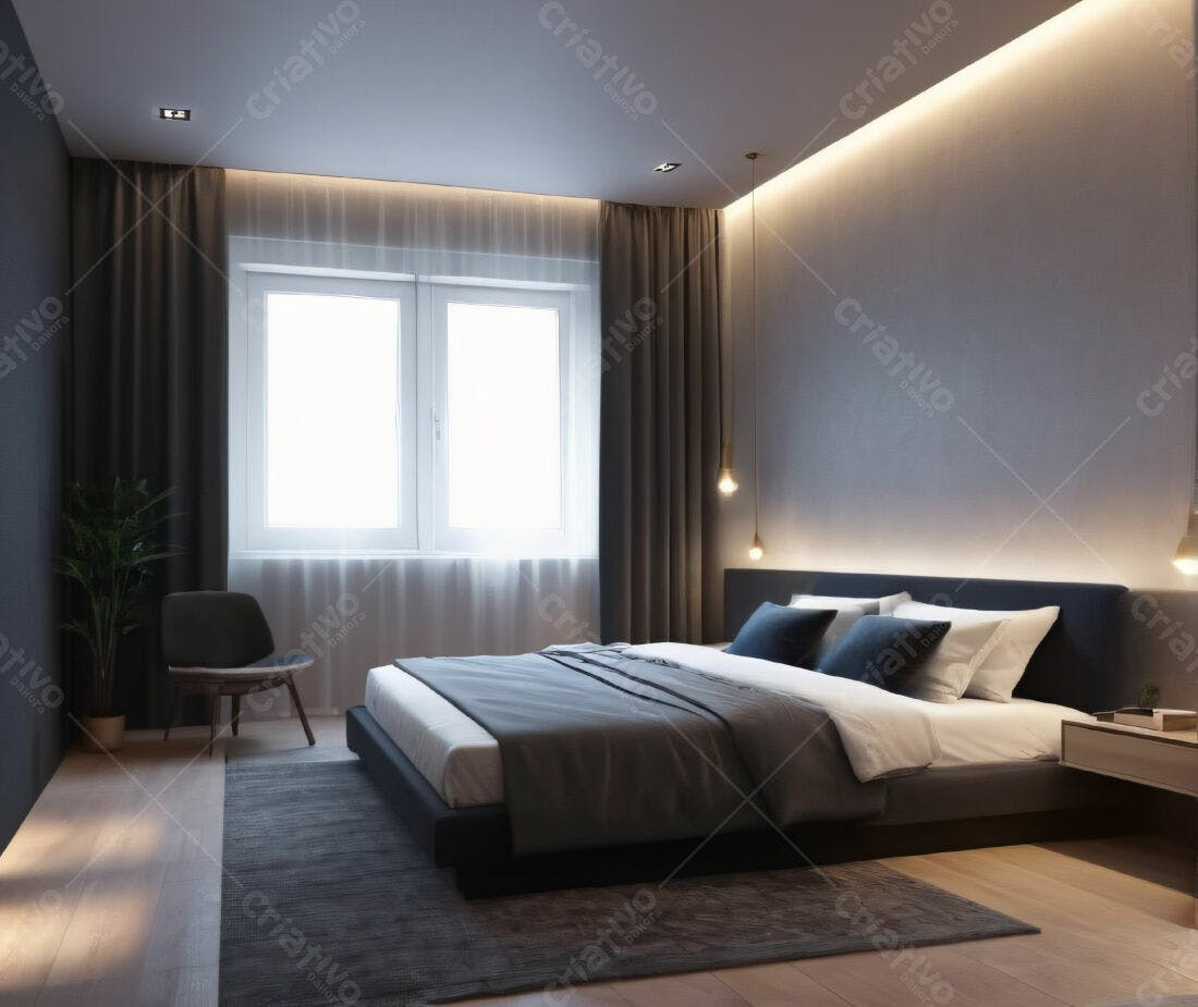 Quarto moderno com cama cinza e iluminação aconchegante