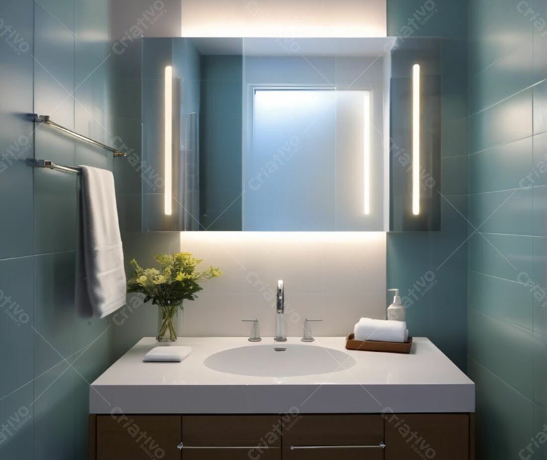 Banheiro moderno com pia branca e azulejos azuis