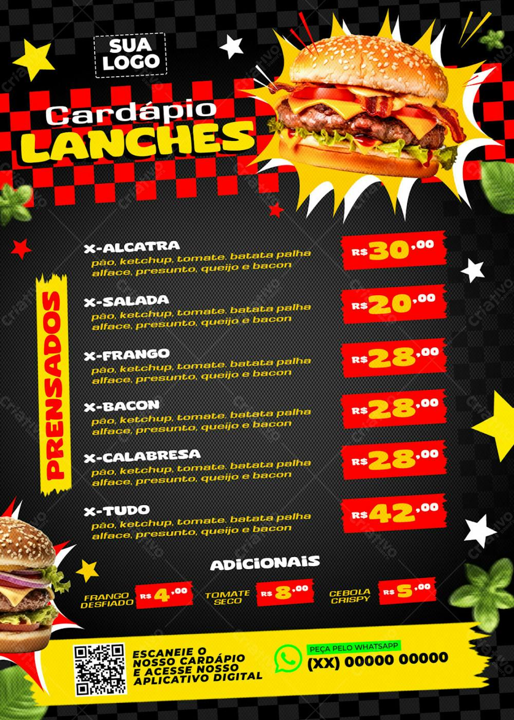 MODELO DE CARDÁPIO LANCHES RESTAURANTE HAMBÚRGER PSD EDITÁVEL