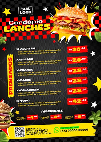 MODELO DE CARDÁPIO LANCHES RESTAURANTE HAMBÚRGER PSD EDITÁVEL