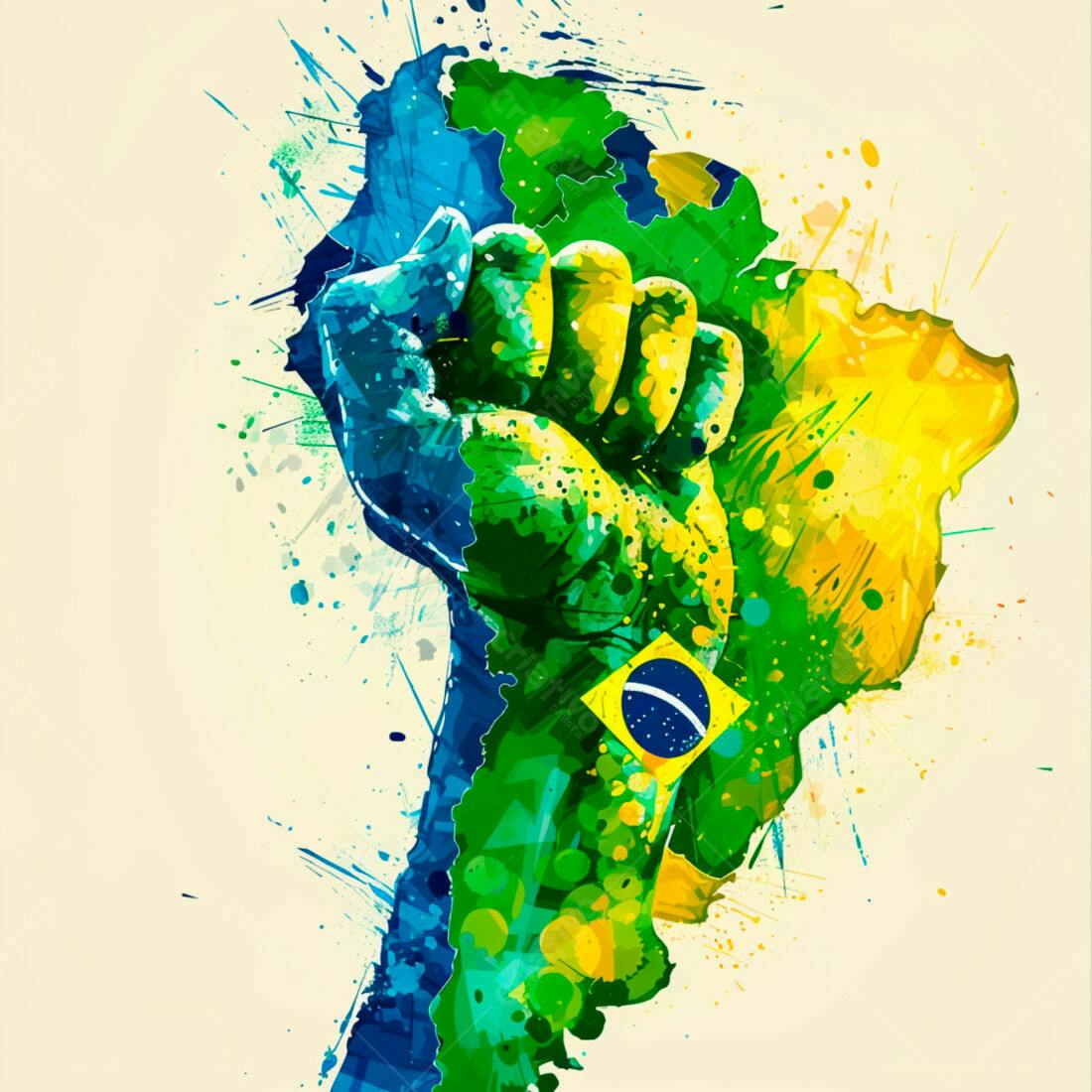 Punho fechado em tons de verde amarelo e azul representando o Brasil