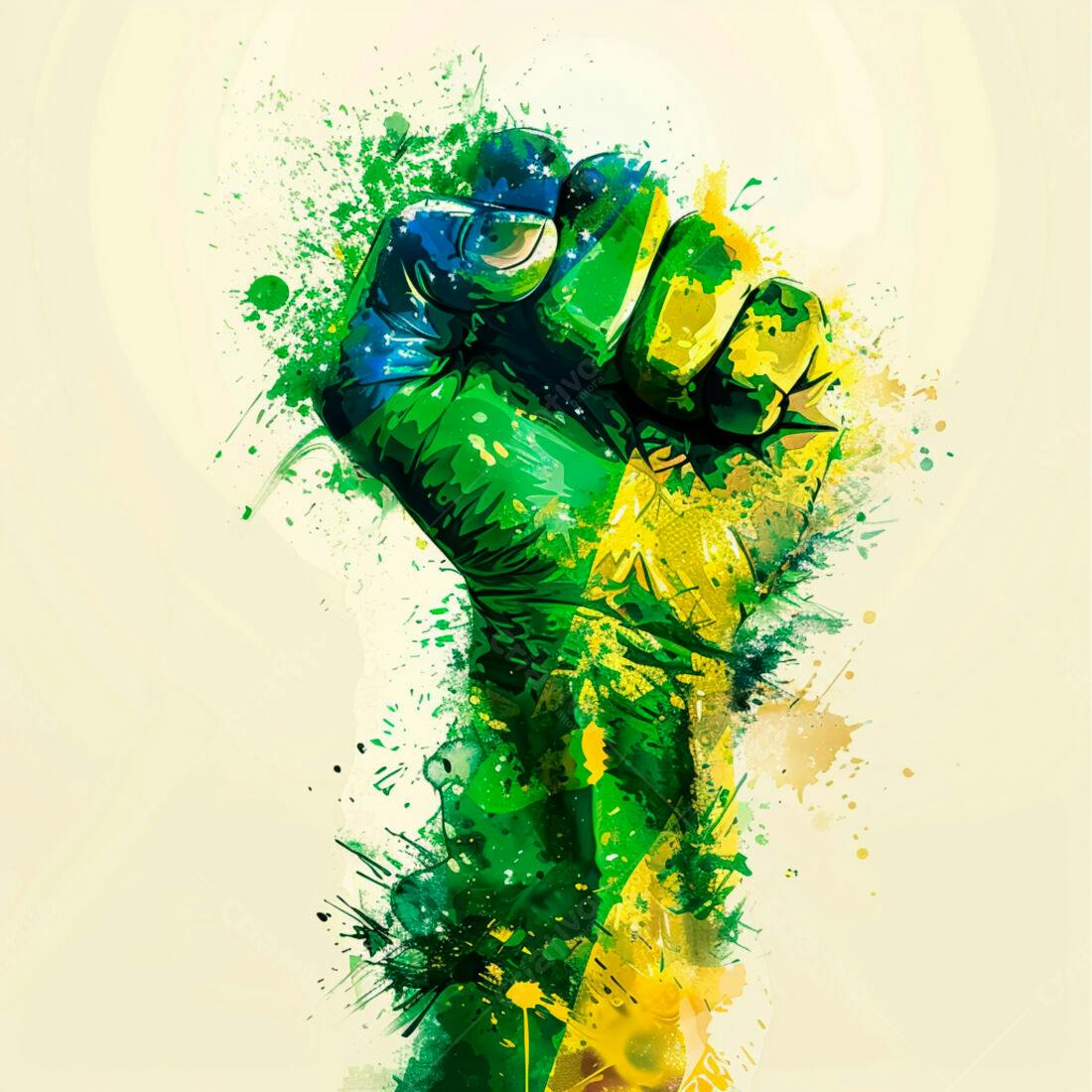 Punho fechado pintado com as cores da bandeira brasileira