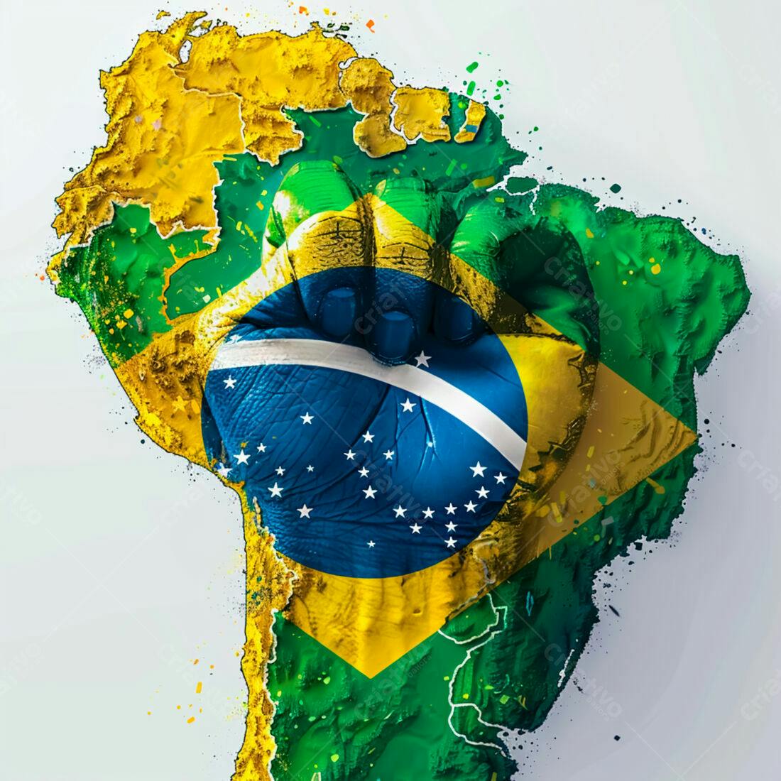 Punho com bandeira brasileira sobre mapa