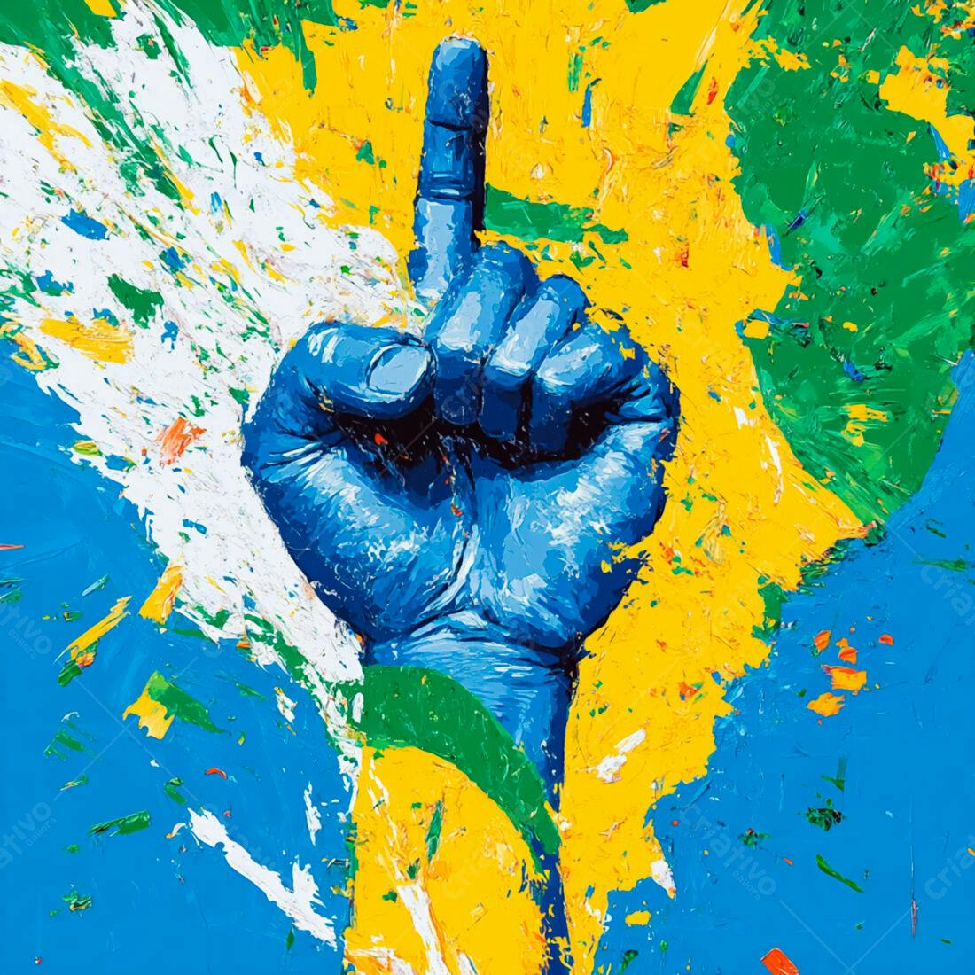 Mão azul em fundo com cores da bandeira brasileira