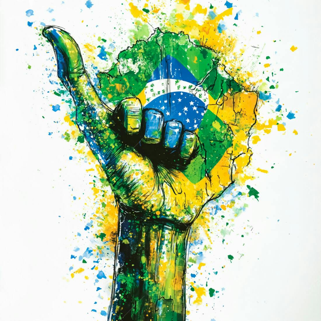 Mão com bandeira brasileira em gesto de Shaka