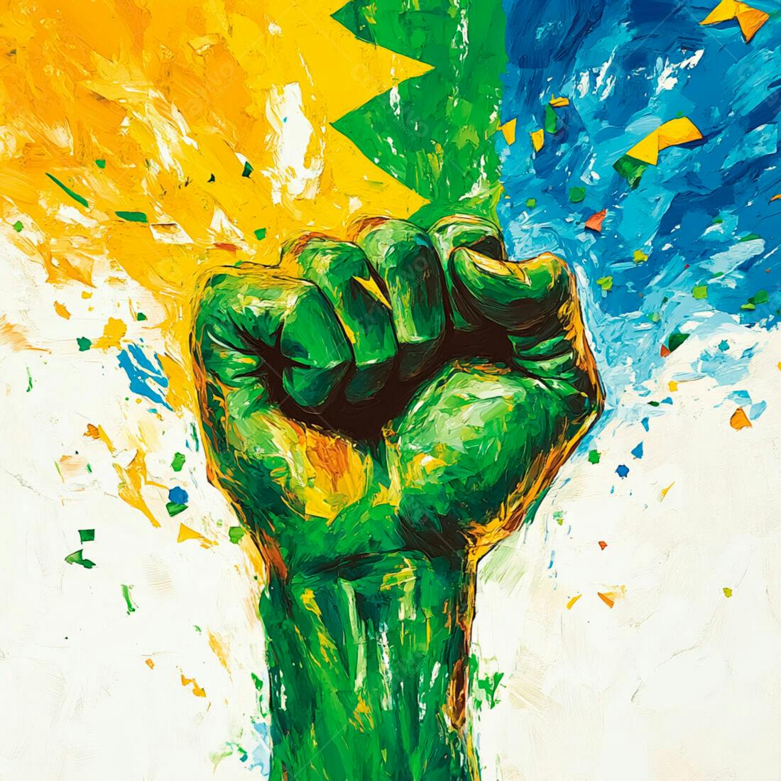 Punho erguido pintura verde amarela azul