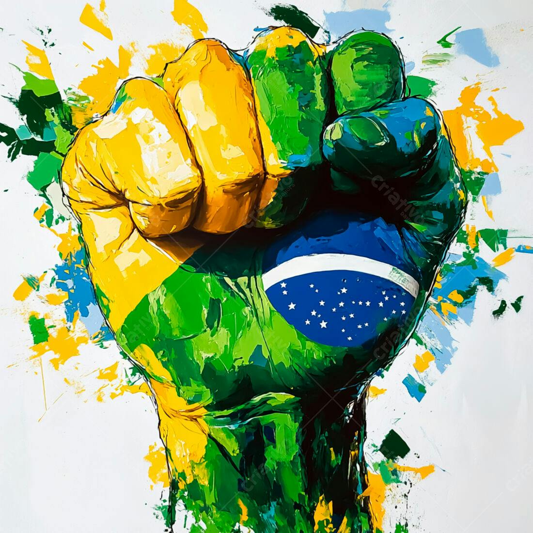 Punho com bandeira brasileira em pintura abstrata