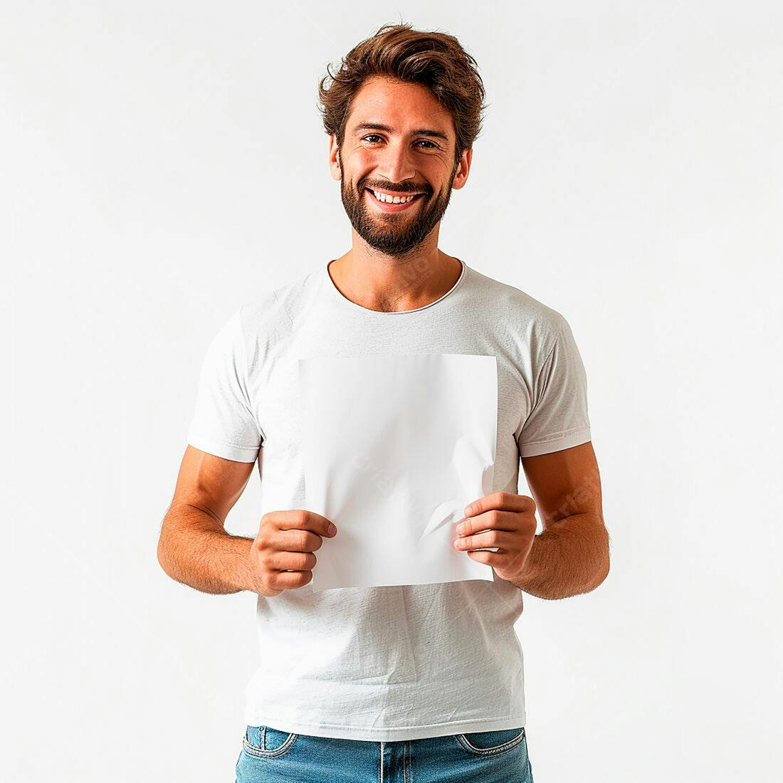 Homem sorrindo segurando papel branco