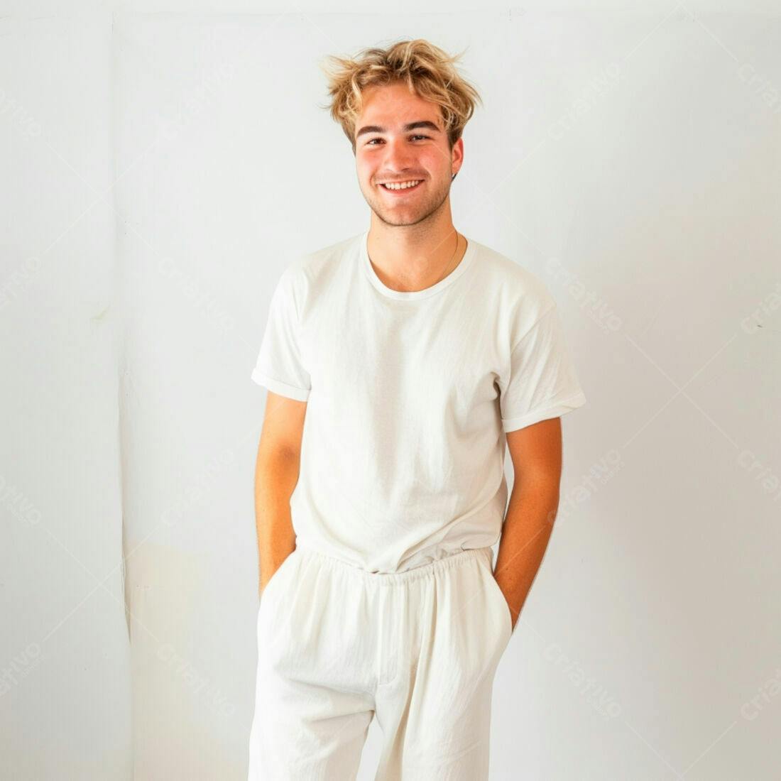 Homem jovem sorridente vestindo branco