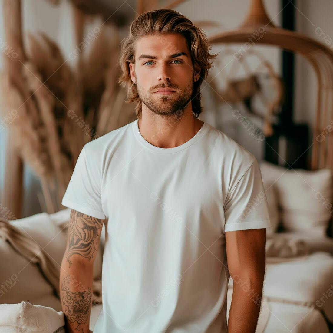 Homem com camiseta branca em ambiente boho