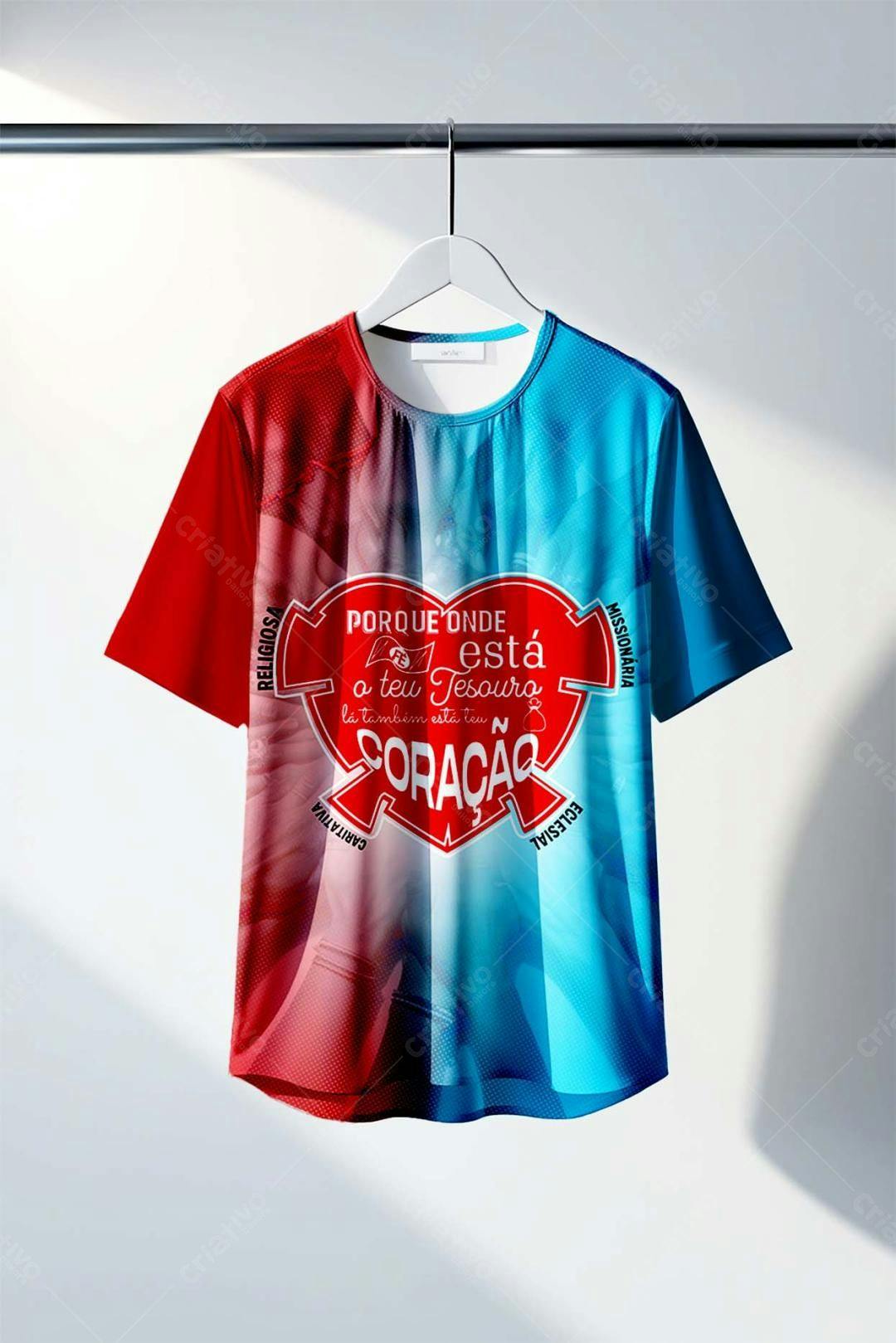 Mockup Camiseta Vermelha e Azul com Estampa Cristã