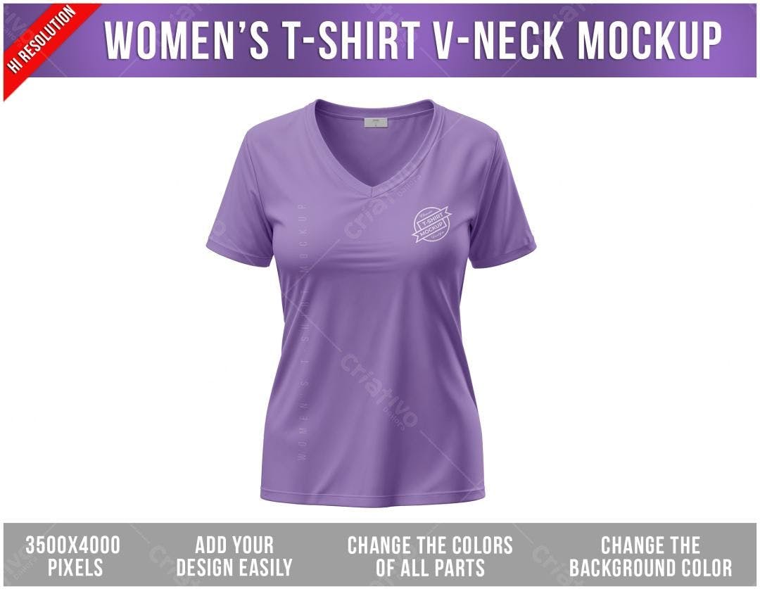 Mockup Camiseta Feminina Gola V Lilás - Realista
