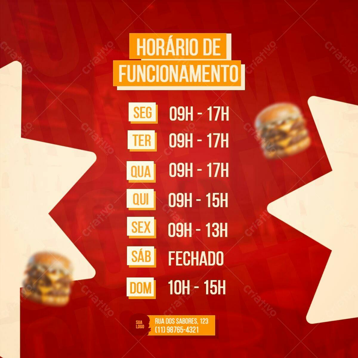 Flyer Horário de Funcionamento Lanchonete PSD Editável