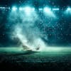 Soccer field at night with fog and dust