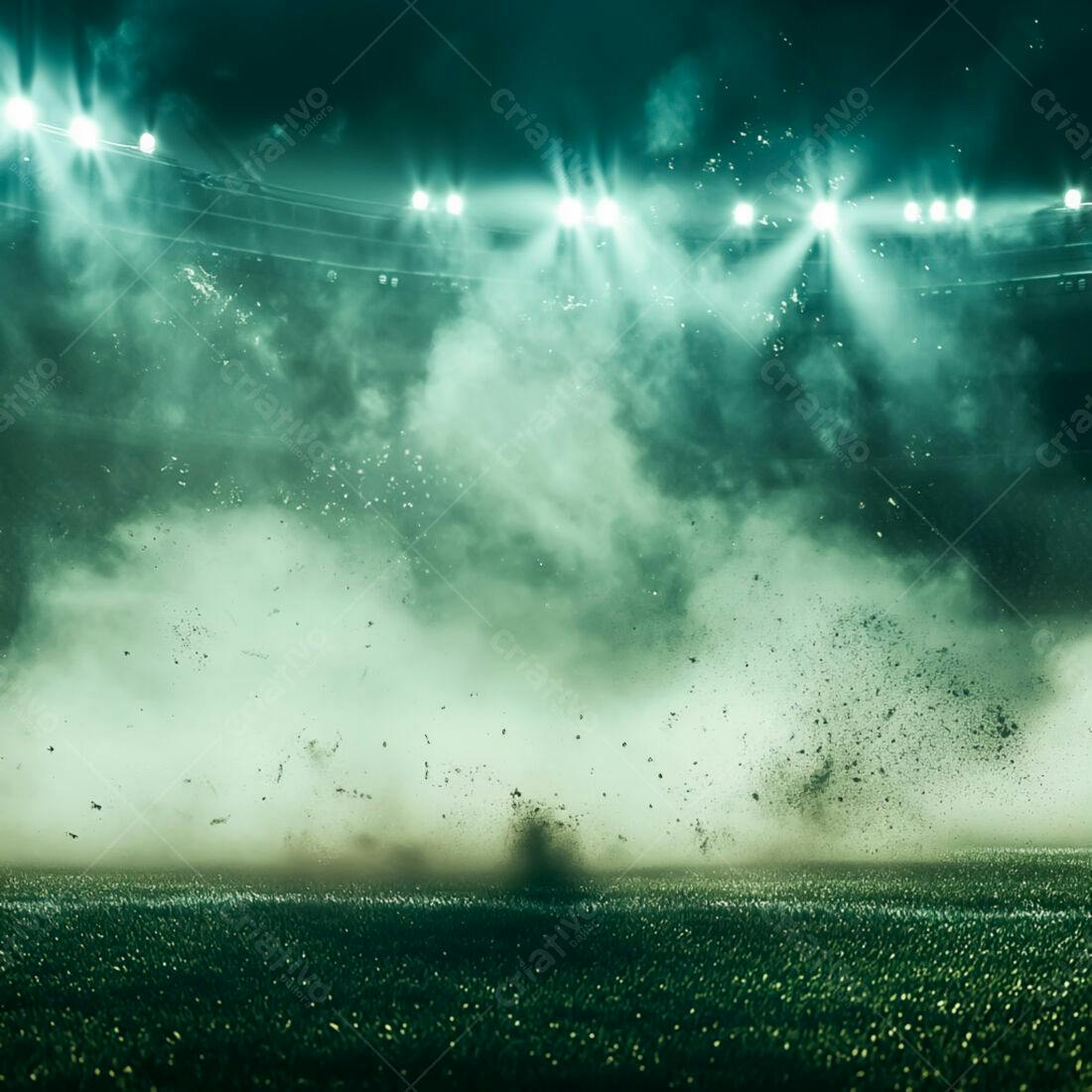 Campo de futebol com poeira e fumaça sob luzes de estádio