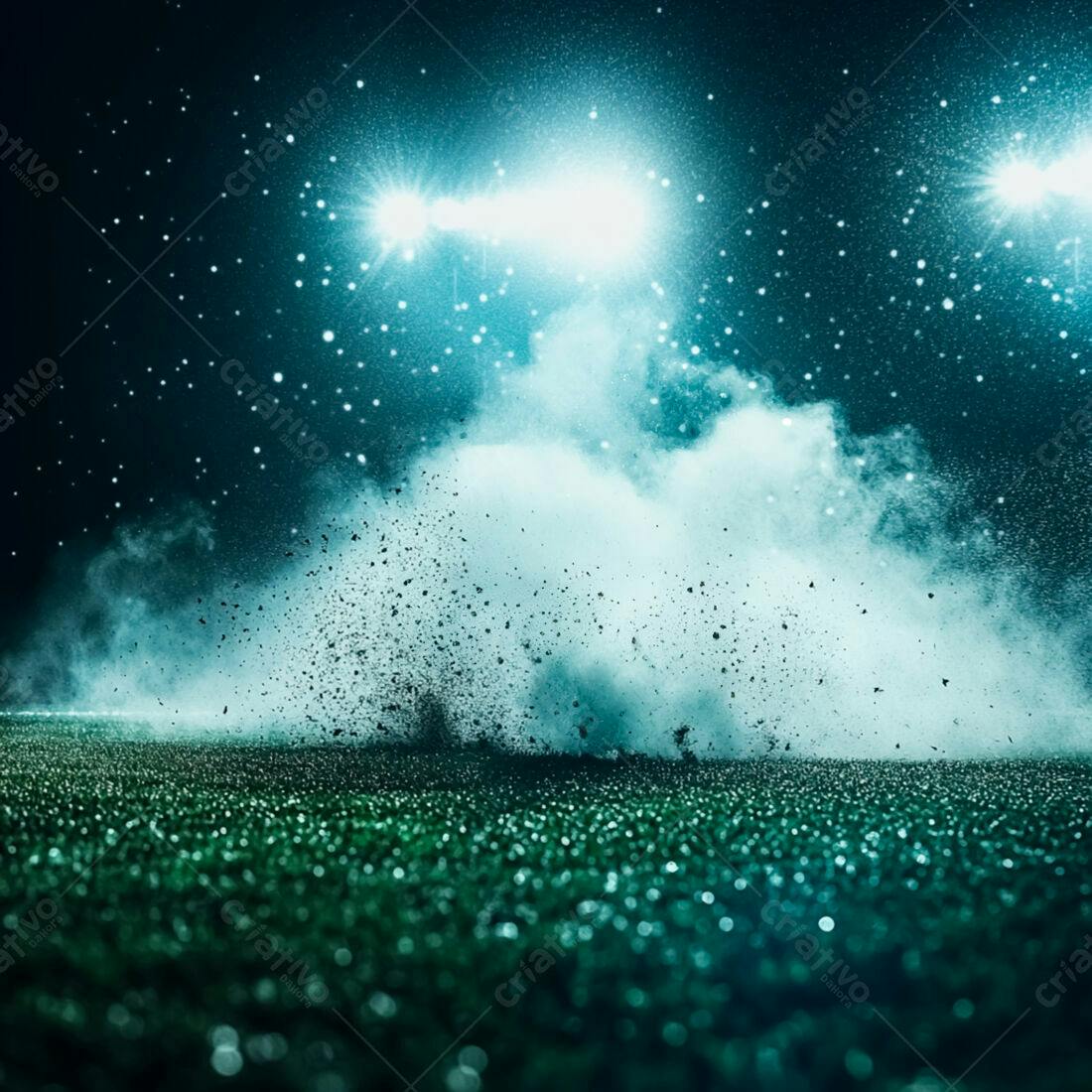 Explosão de poeira verde e azul em campo noturno