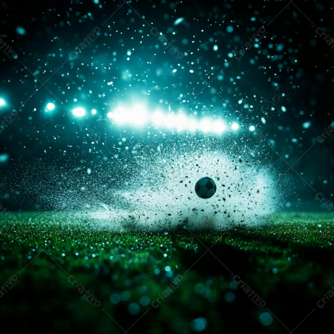 Bola de futebol em jogo noturno sob chuva