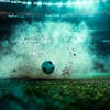 Soccer field at night with fog and dust