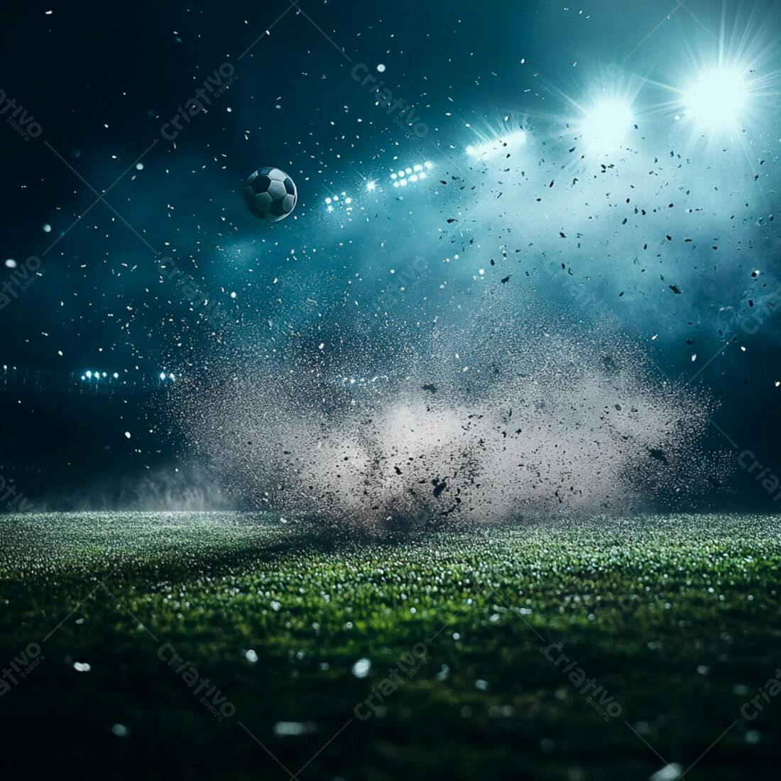 Bola de futebol em explosão de grama em jogo noturno