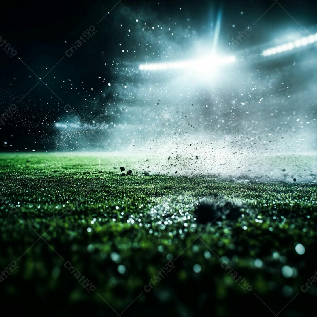 Campo de futebol noturno com grama molhada e poeira