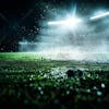 Football field at night with fog and dust