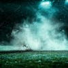 Football field at night with fog and dust