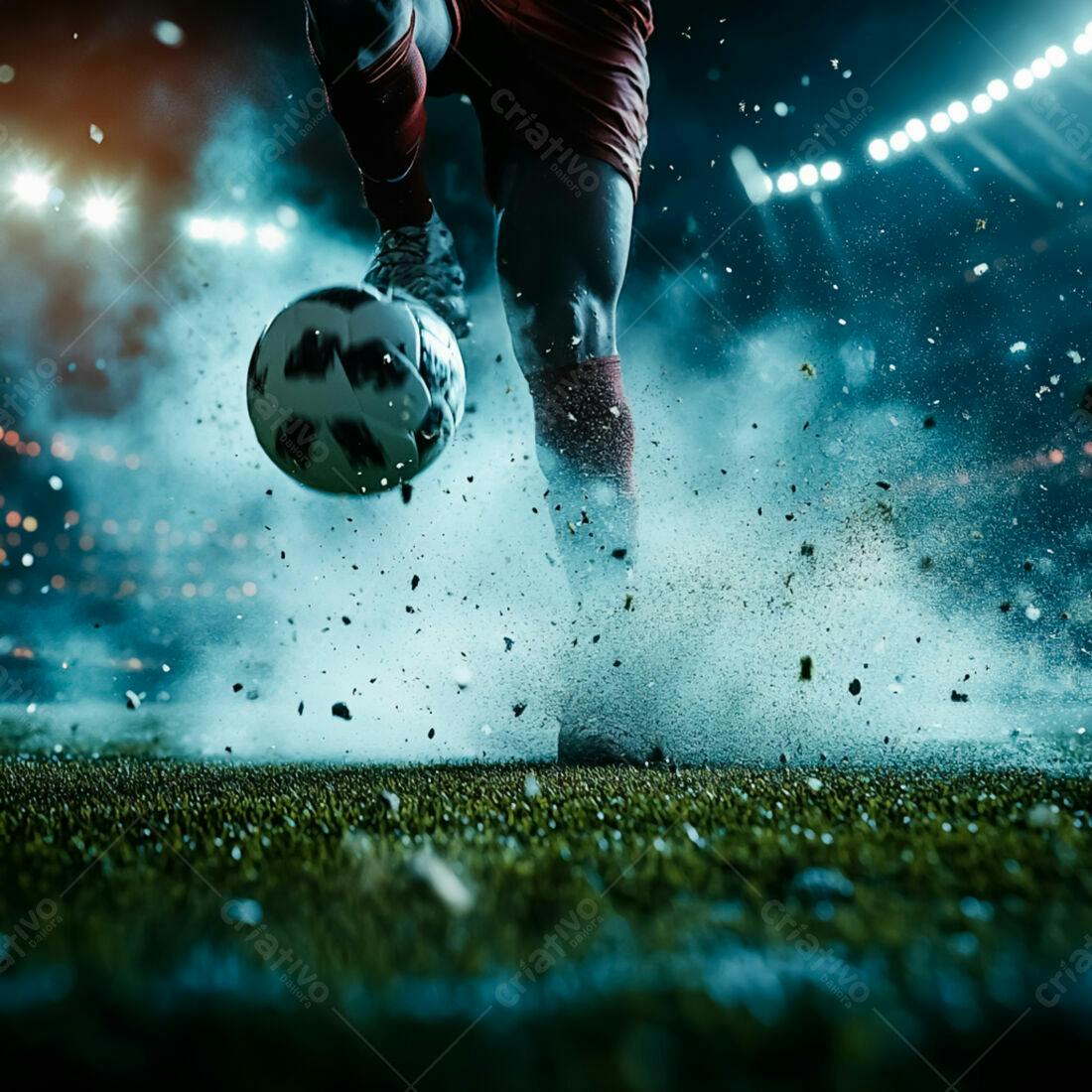 Jogador chutando bola em jogo noturno