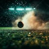 Soccer field at night with fog and dust.