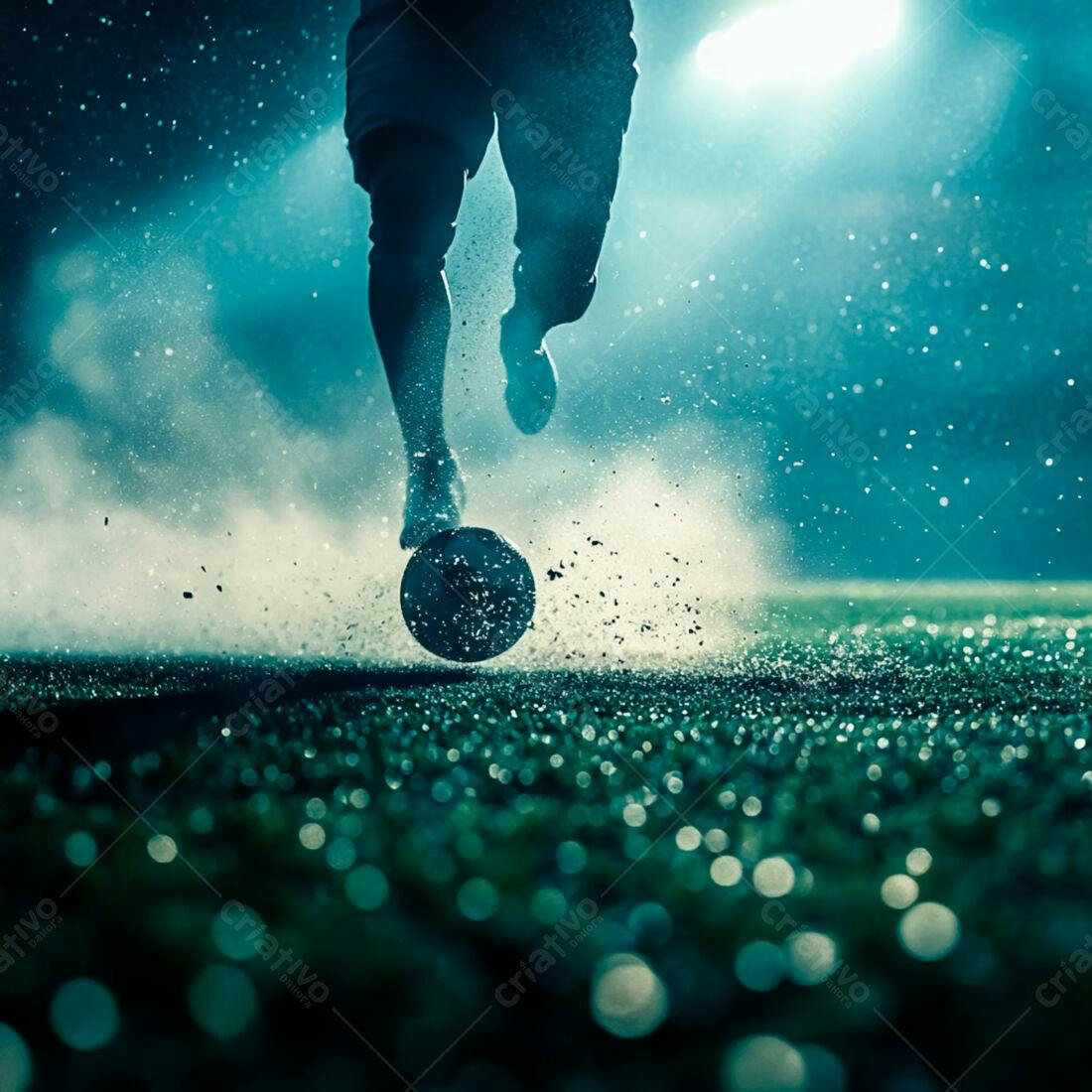Jogador chutando bola em jogo noturno