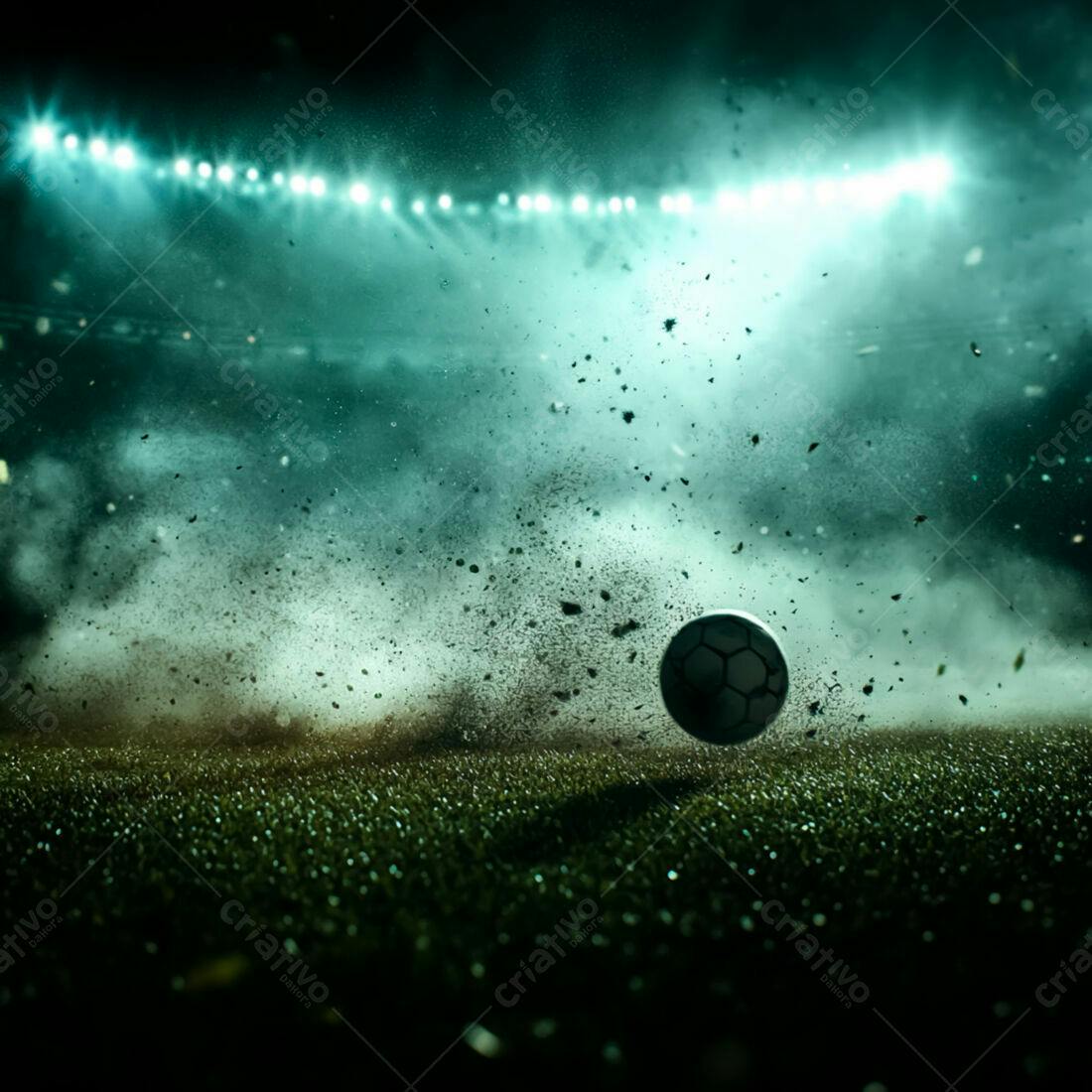 Bola de futebol em ação no estádio noturno