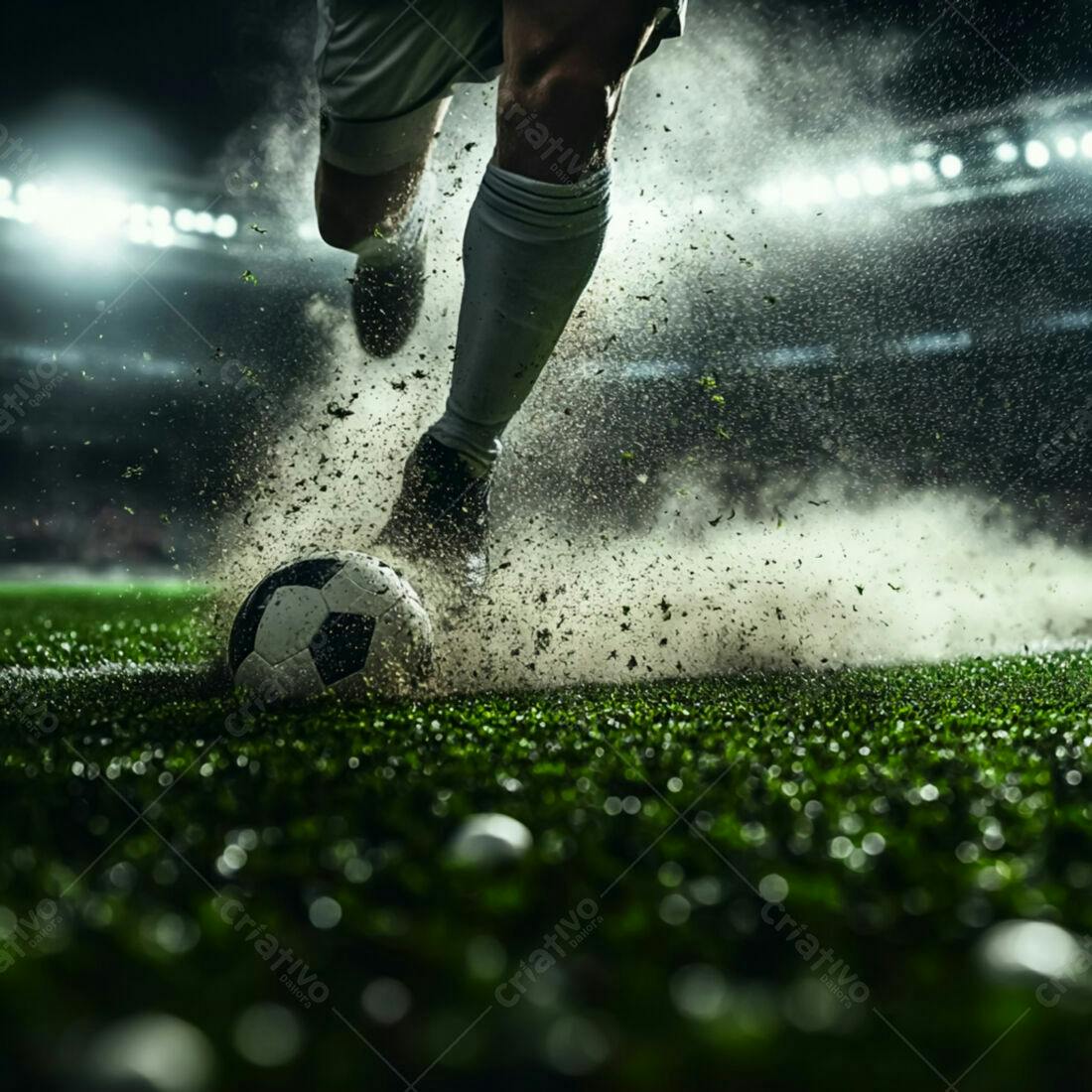 Jogador chutando bola em jogo noturno