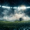 Soccer field at night with fog and dust