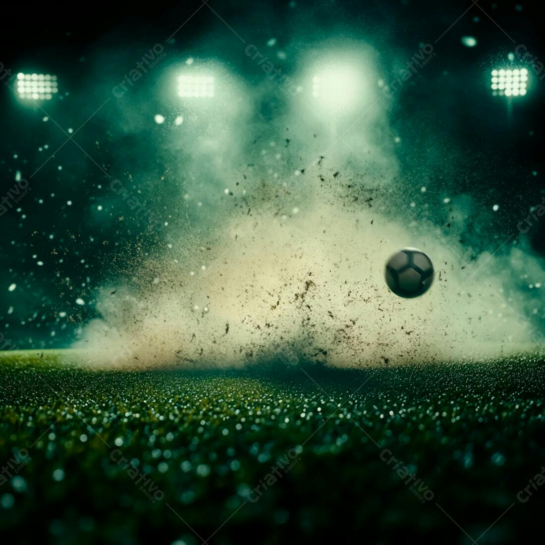 Bola de futebol em ação com explosão de terra