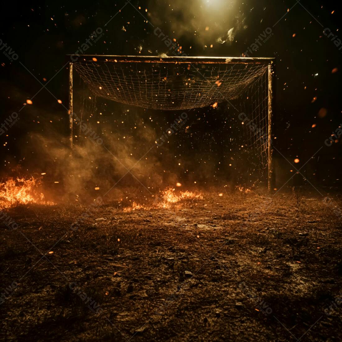 Gol de futebol em chamas à noite