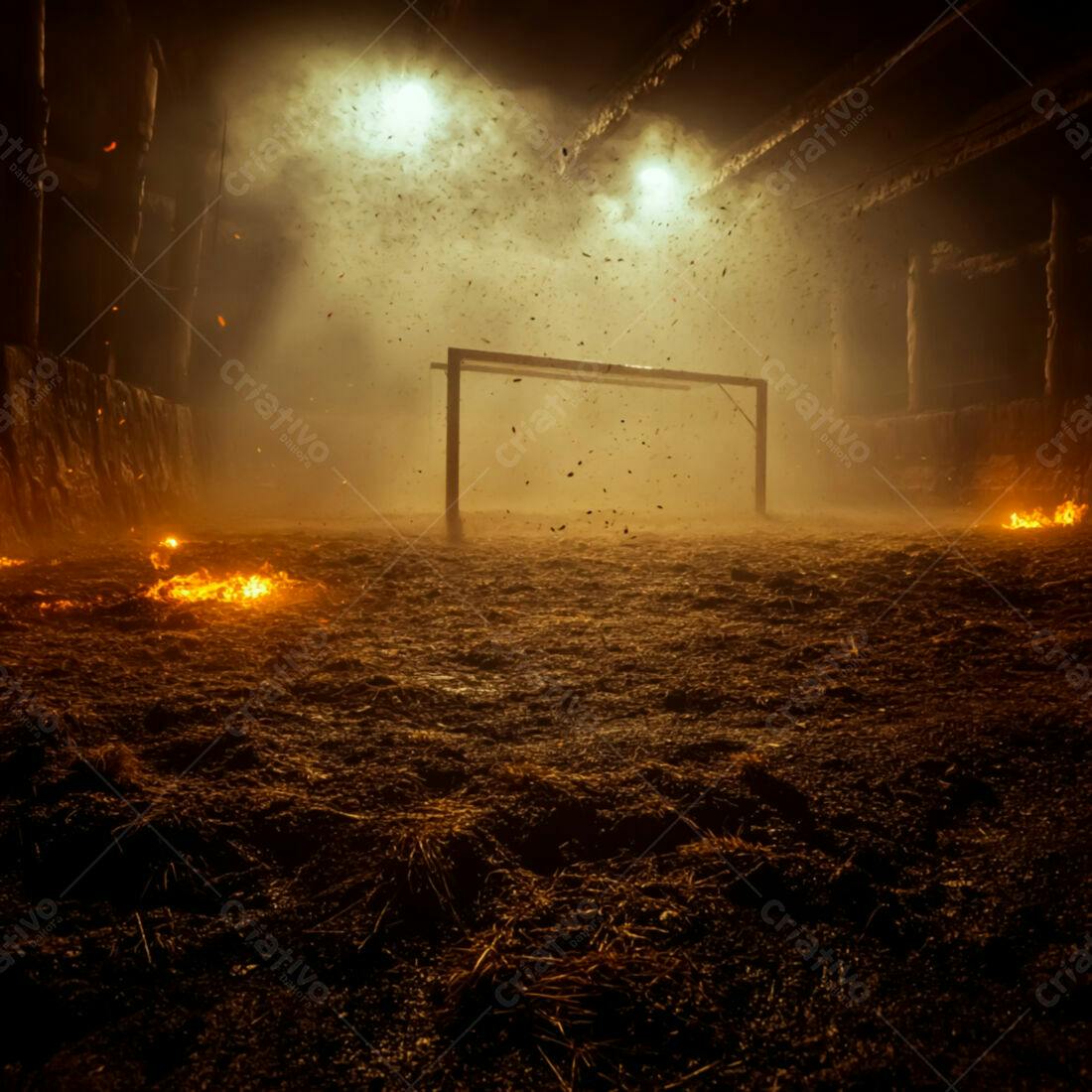 Gol de futebol em campo de terra à noite