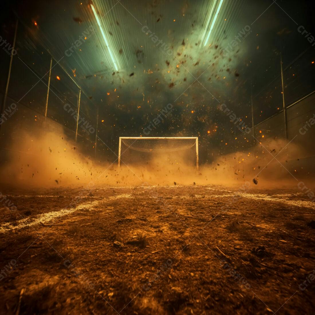 Gol de futebol em campo de terra com poeira