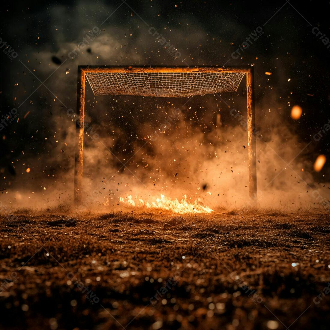 Gol de futebol em chamas à noite
